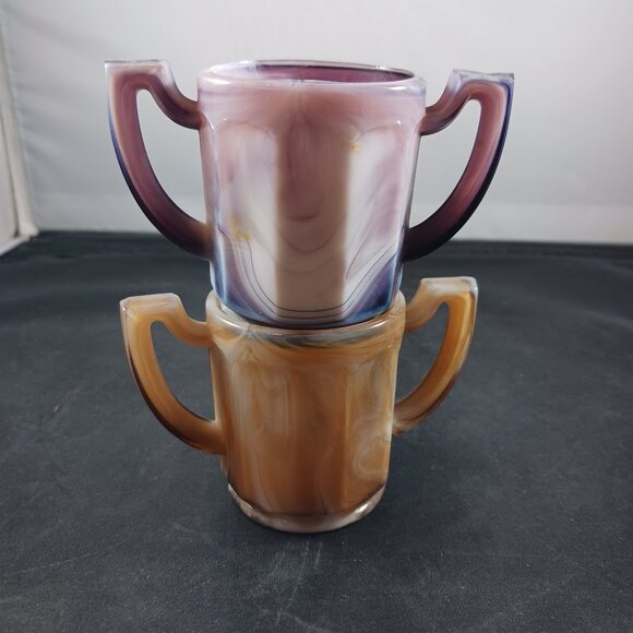 Vintage 2pcs Slag Glass Imperial Brown and Purple Small Toothpick Holders - Picture 2 of 12